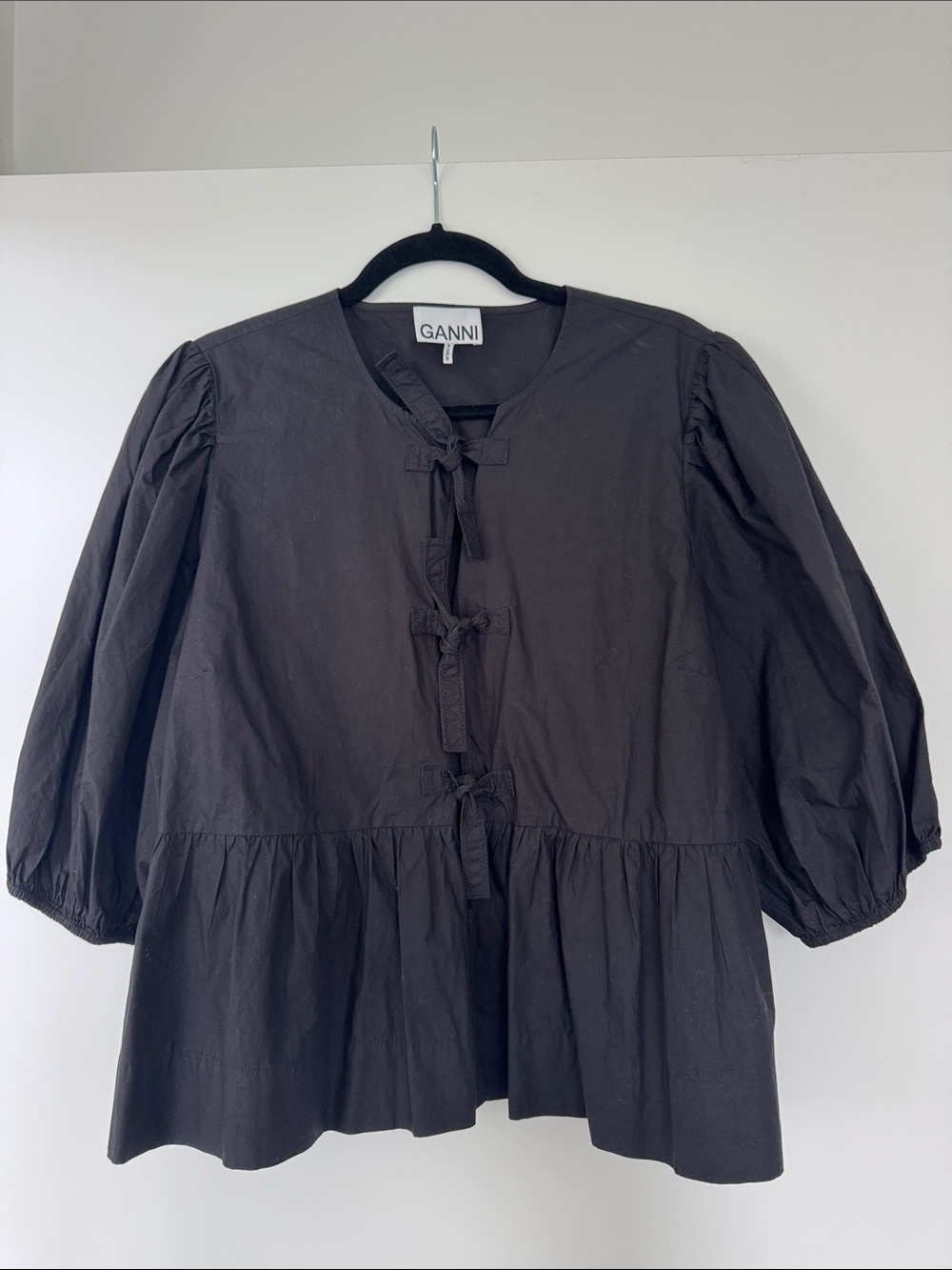Ganni Black Poplin Tie-Front Peplum Top with Puff Sleeves - Size 44
